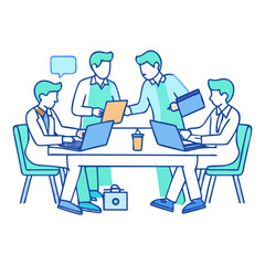 Team of medical workers sitting and meeting with laptops around table. Doctors and staff discussing papers and test results. Healthcare experts handling daily tasks and duties