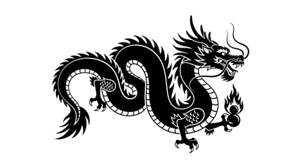 A majestic black Chinese dragon with intricate details and fiery elements, depicted in a traditional style on a clean white background.