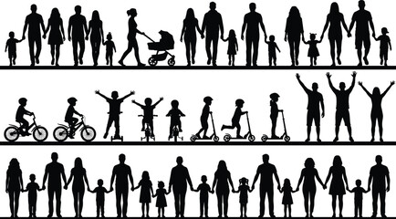 Silhouette families and children walking, biking, riding scooters together, multigenerational group activities illustration, outdoor lifestyle concept, playful community scene