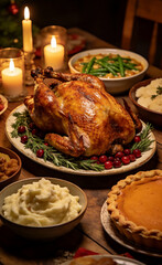 Warm Candlelit Dinner Scene Featuring Abundant Food And A Beautifully Cooked Bird.