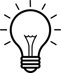 Black and White Line Drawing of Glowing Light Bulb with Filament and Radiating Rays