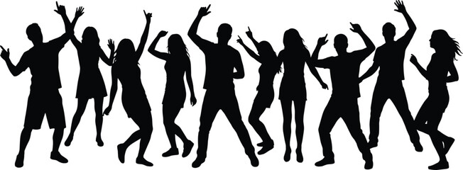 Silhouette group of people dancing together, energetic party crowd illustration, celebration scene, joyful movement, dance activity concept, lively social gathering
