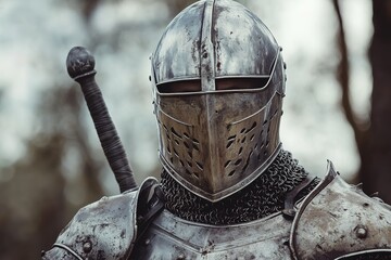 knight in full medieval armor with raised visor and determined expression