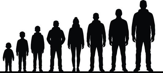 Silhouette group of people in age progression lineup, children to adults standing together, generational illustration, growth concept, human development stages