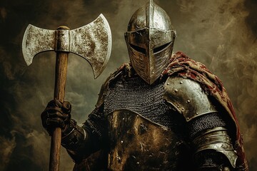 knight in medieval armor holding a large battle axe