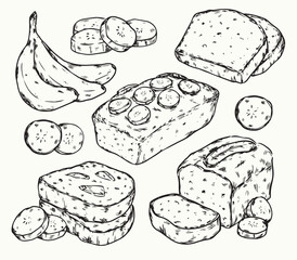 Isolated hand drawn outline drawing sweet Banana Bread with banana and banana slices illustration