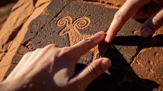 Hands tracing ancient petroglyph ram on desert sandstone.