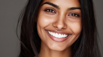 Radiant Smile of Beauty: A close-up portrait showcases a woman with a genuine, captivating smile. Capturing the essence of joy and confidence. 
