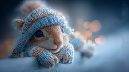 Cute squirrel in cozy blue winter hat and mittens, resting peacefully in a magical snowy setting with festive bokeh lights. Perfect for holiday and winter-themed visuals. winter post card