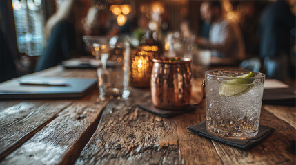 
a low angle view at a rustic wood table, - the focus is on the drinks at the table - a clear glass of soda with a lime, a copper mug, a martini glass - people are at the table , laptop, notepad