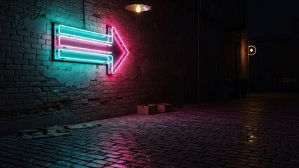 Neon arrow sign illuminating dark brick wall directional guidance concept