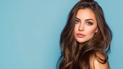 Captivating Beauty: A beautiful woman with long, flowing brown hair, gazing at the camera, showcases her flawless features and captivating allure against a soft blue backdrop.