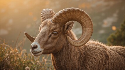 Fototapeta premium A close-up of a bighorn sheep with large curved horns, set against a warm, natural background during sunset.