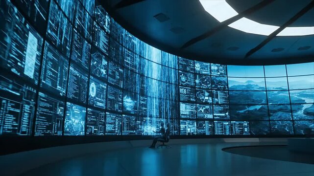 Large futuristic command center with curved monitor walls displaying streaming digital data abstract visualizations and icy natural scenery watched by a single analyst