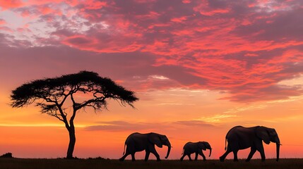 Obraz premium Elephants silhouetted against vibrant sunset in african savanna. Perfect for travel, nature, wildlife, and sunsetthemed designs and projects.
