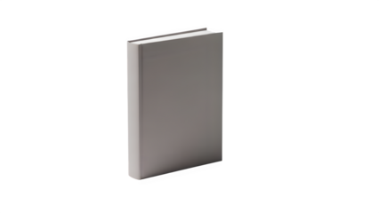 Blank gray hardcover book standing upright, isolated on transparent background
