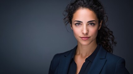 Confident Portrait: A close-up studio portrait of a poised individual, exuding confidence and composure. Her captivating gaze and subtle smile reveal an inner strength and determination.