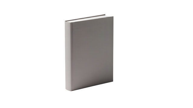 Blank gray hardcover book standing upright, isolated on transparent background