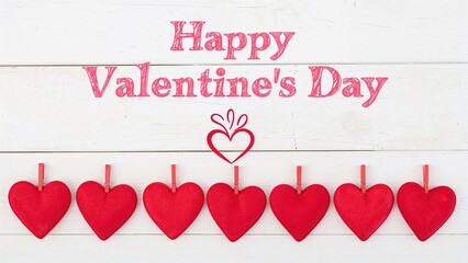 Happy Valentine's Day message with hanging hearts on a white background. Romantic celebration and love theme. The message of love and affection.