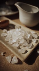 Salt crystals on a ceramic plate with a wooden spoon in a kitchen setting during the afternoon
