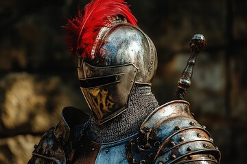 Fototapeta premium medieval armor with a red plume on the helmet and chainmail sleeves