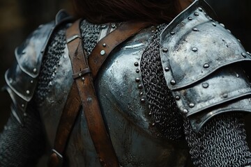 medieval armor with chainmail and leather straps worn by a female knight