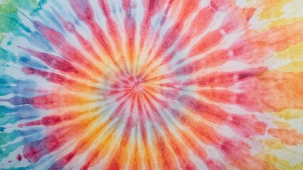 Colorful tie-dye pattern with a spiral design in shades of red, orange, yellow, blue, and purple.
