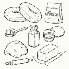Isolated hand drawn donut making and ingredients outline drawing illustration