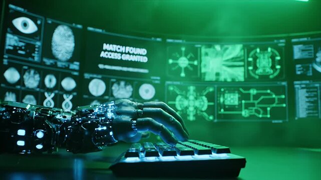 Close up of a highly detailed bionic hand typing on a luminous keyboard in a dark futuristic room with multiple green screens displaying security biometric data and match found warnings
