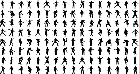 Diverse Collection of 100 Black Vector Silhouettes Showing Dynamic Human Figures in Various Poses, Actions, and Movements for Design Projects.