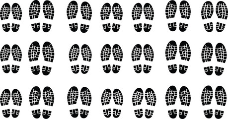 Footprint tracks isolated on white background, black and white set of human shoes sole prints, shoe treads top view, hiking and walking trails.