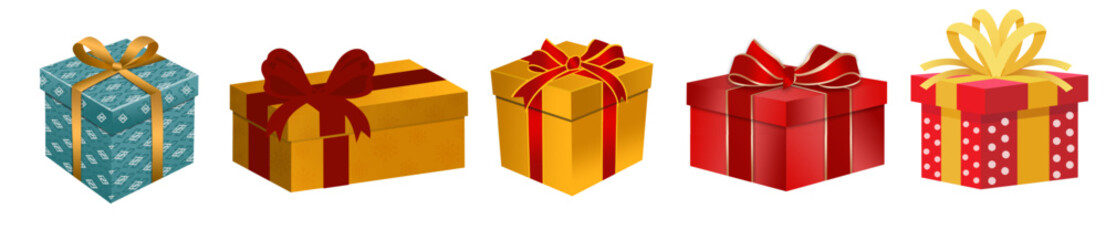 A vibrant collection of five colorful gift boxes with decorative wrapping and festive bows.