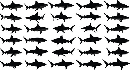 Large Group of Black Shark Silhouettes Swimming Together in an Ocean or Sea Backdrop as a Dangerous and Predatory Marine Life Vector Illustration