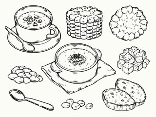 Hand drawn creamy corn soup and ingredients outline drawing illustration