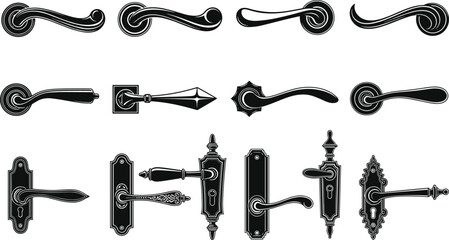 Set of Black Vector Door Handle Silhouettes Featuring Various Antique, Vintage, and Modern Lever Designs for Interior Hardware Graphics.
