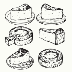 isolated hand drawn slice and full Basque cheesecake line art outline drawing illustration