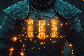 medieval armor with glowing runes etched across the breastplate
