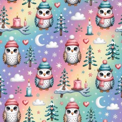 Seamless winter pattern showcasing hand-drawn owl characters, festive lanterns, and whimsical Christmas motif, suitable for branding assets and cheerful celebration themes.