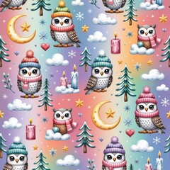 Seamless holiday pattern with crescent moons and clouds, heart-shaped ornaments, and scattered snowflakes, perfect for lifestyle scenes and seasonal product presentation.