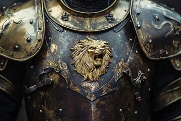 medieval armor with golden lion crest on chestplate