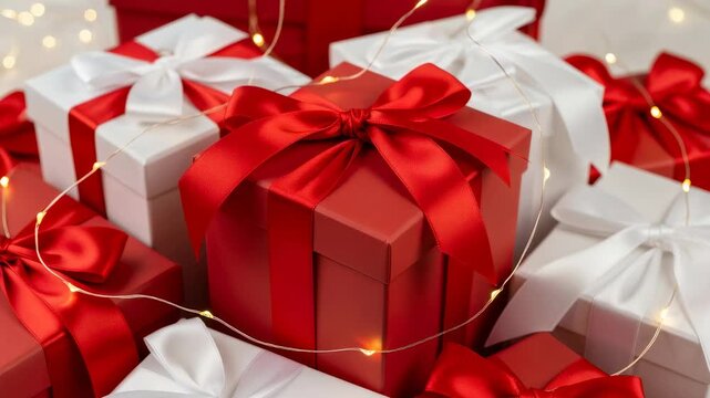 Red and white Christmas gift boxes with bows and string lights for holiday surprise.