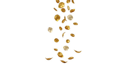 Golden petals falling isolated on white background, creating a sense of luxury