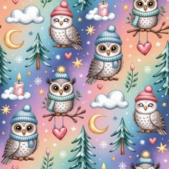 Seamless holiday pattern with crescent moons and clouds, heart-shaped ornaments, and scattered snowflakes, perfect for lifestyle scenes and seasonal product presentation.