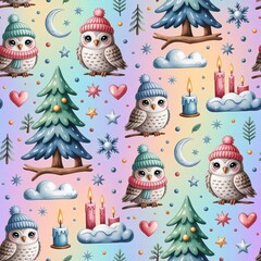 Seamless winter pattern showcasing hand-drawn owl characters, festive lanterns, and whimsical Christmas motif, suitable for branding assets and cheerful celebration themes.