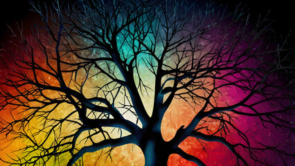 Silhouette of a tree at night with branches and forest background