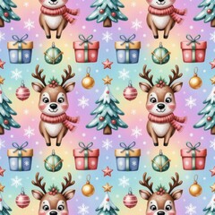 Seamless holiday pattern with pink and blue accessories, Christmas ornaments, and whimsical festive layout, perfect for lifestyle scenes and seasonal product presentation.