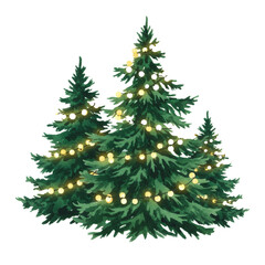 Obraz premium a detailed watercolor illustration of three saturated emerald fir trees with glowing warm bokeh light garlands, isolated on a transparent background. peaceful winter holiday celebration concept