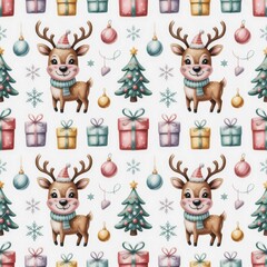 Seamless festive pattern featuring wrapped gift boxes, snow-covered elements, and light winter backdrop, ideal for wrapping paper, textiles, and editorial holiday visuals.