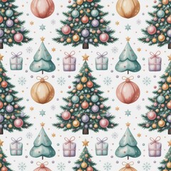 Seamless festive pattern featuring wrapped gift boxes, snowflakes and ornaments, and light winter backdrop, ideal for wrapping paper, textiles, and editorial holiday visuals.