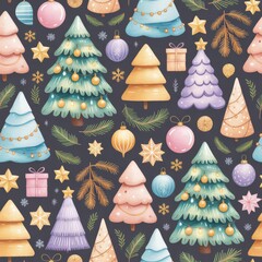 Seamless winter pattern showcasing hand-drawn Christmas elements, star-topped trees, and whimsical festive motif, suitable for branding assets and joyful celebration themes.